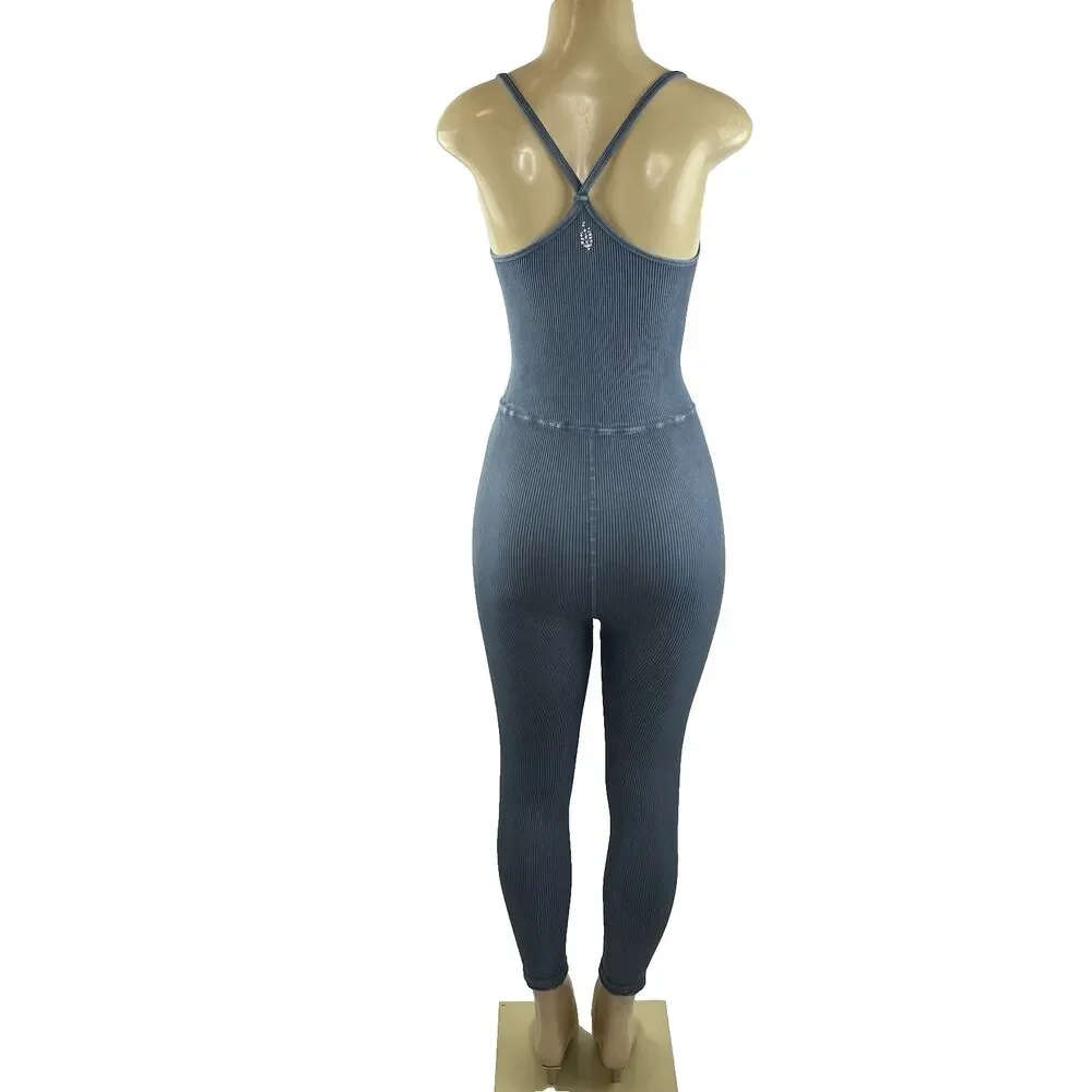 Free People Movement Happiness Runs Square Neck One Piece Jumpsuit Size M/L Blue - Picture 6 of 10